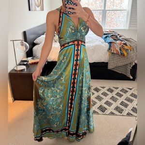 Long dress beautiful print satin fabric.